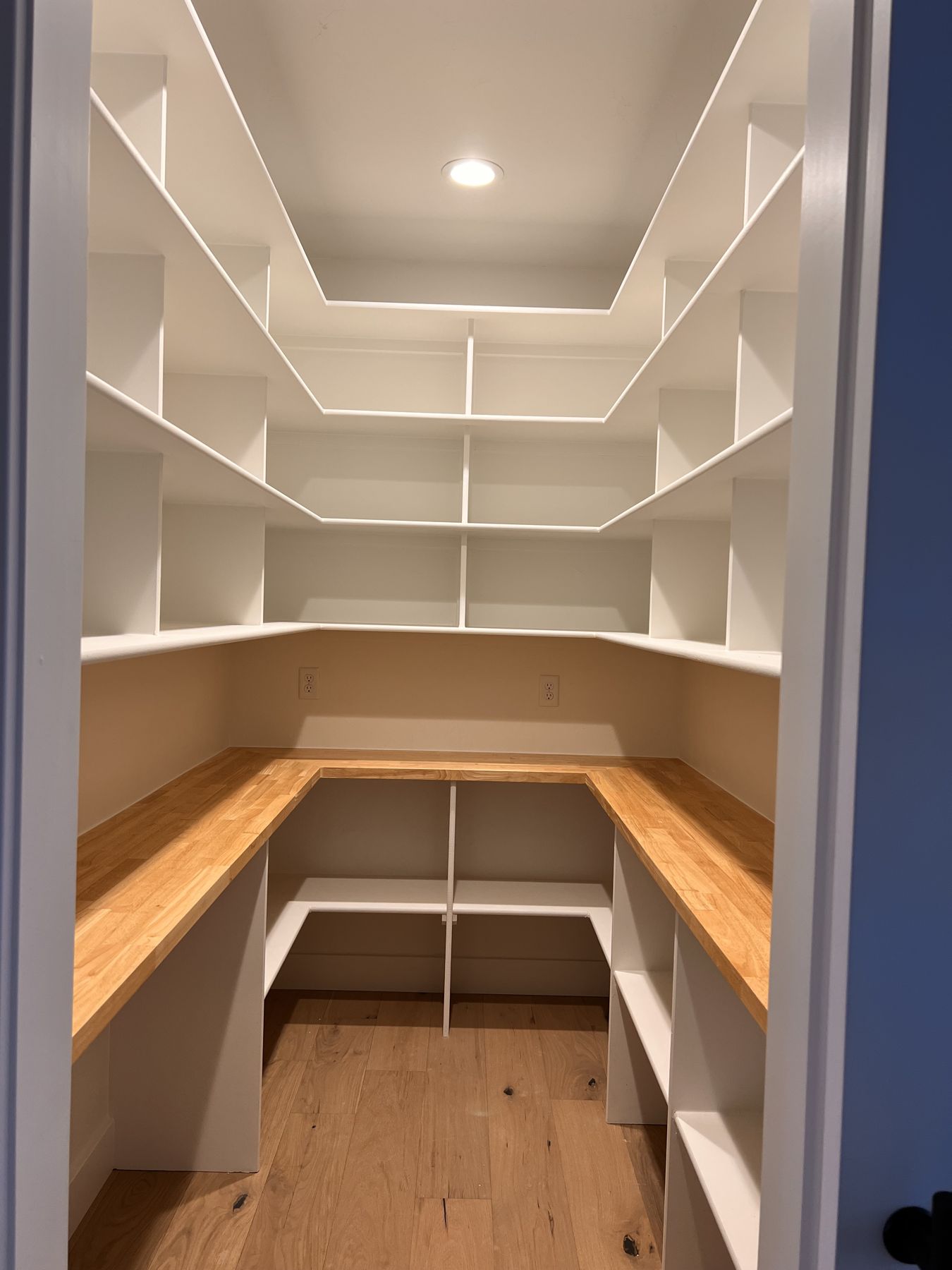 Walk-in pantry with butcher-block counters